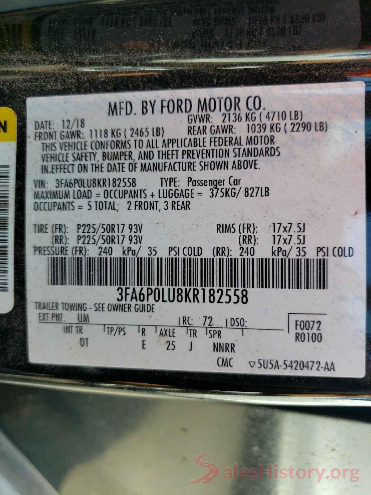 3FA6P0LU8KR182558 2019 FORD FUSION