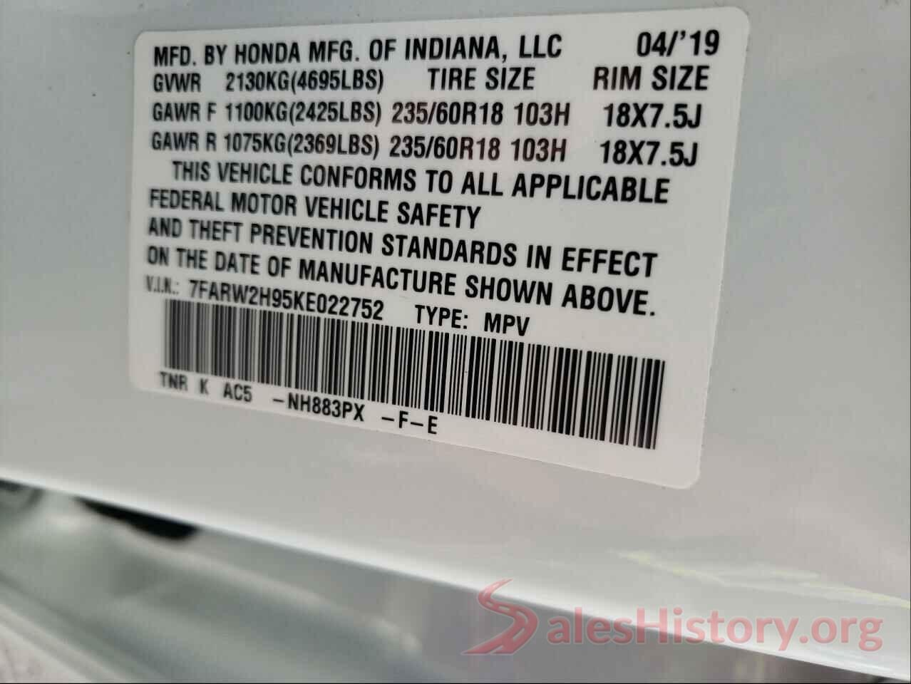 7FARW2H95KE022752 2019 HONDA CRV