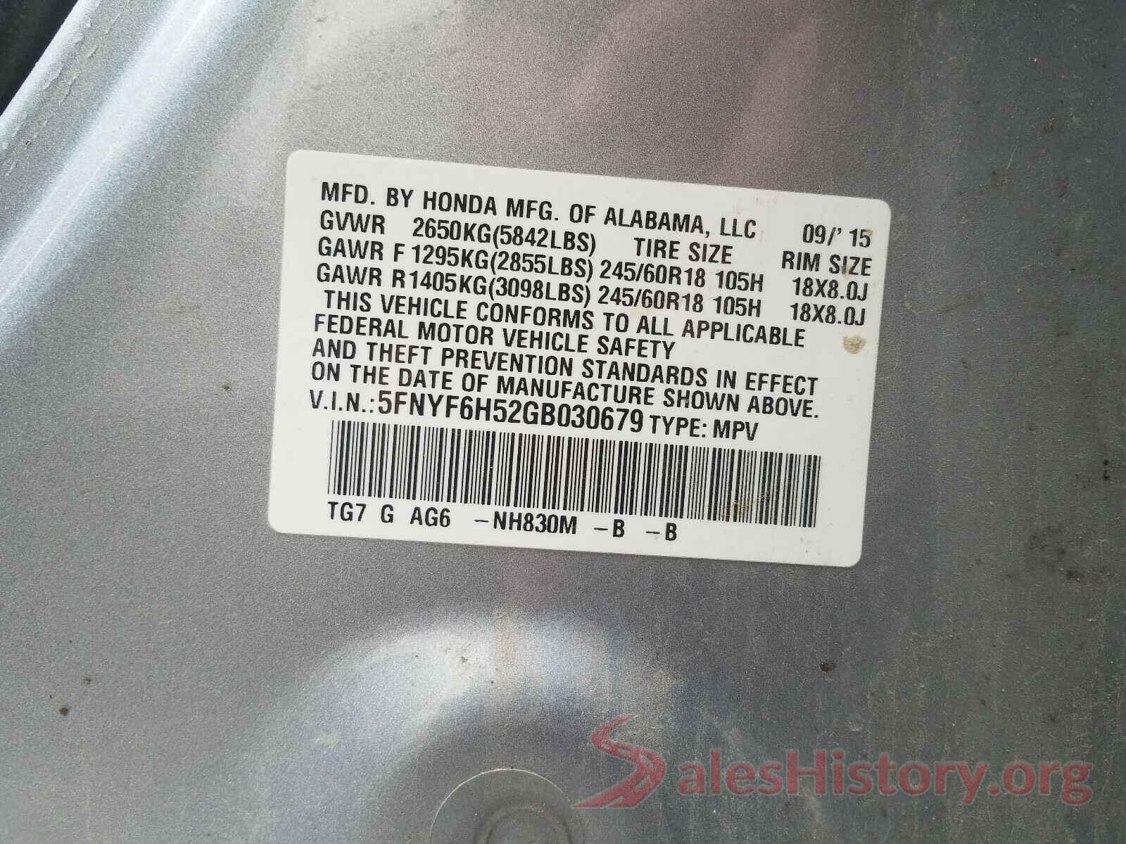 5FNYF6H52GB030679 2016 HONDA PILOT