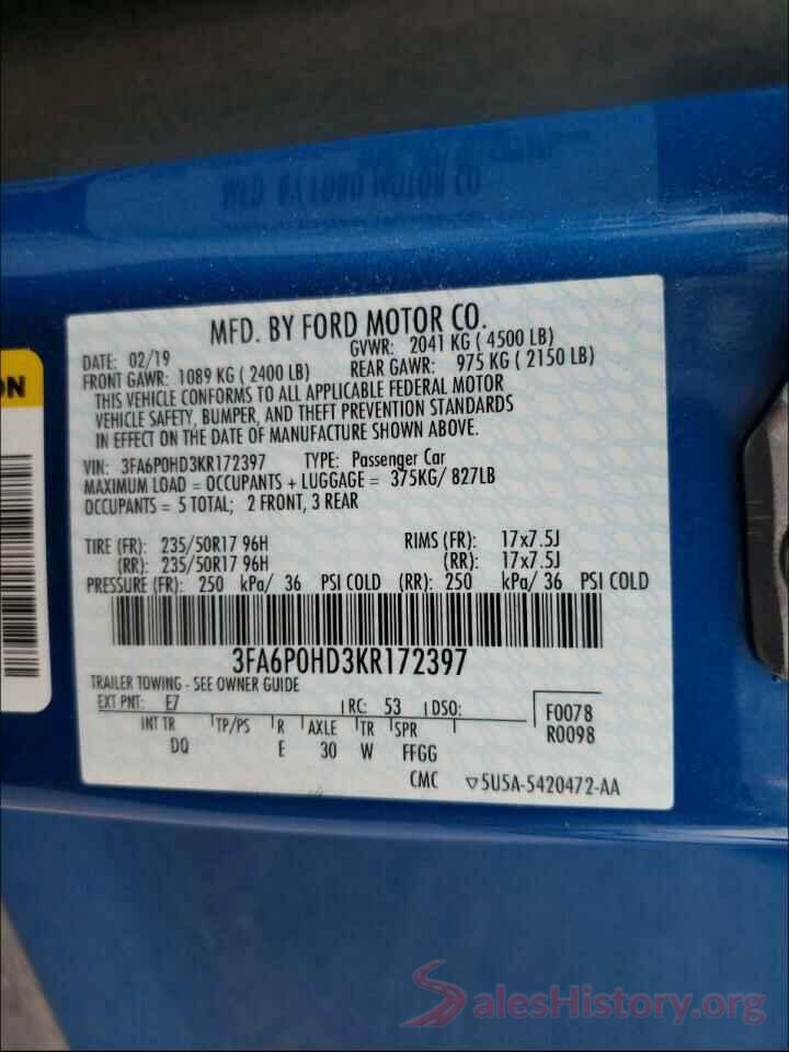 3FA6P0HD3KR172397 2019 FORD FUSION