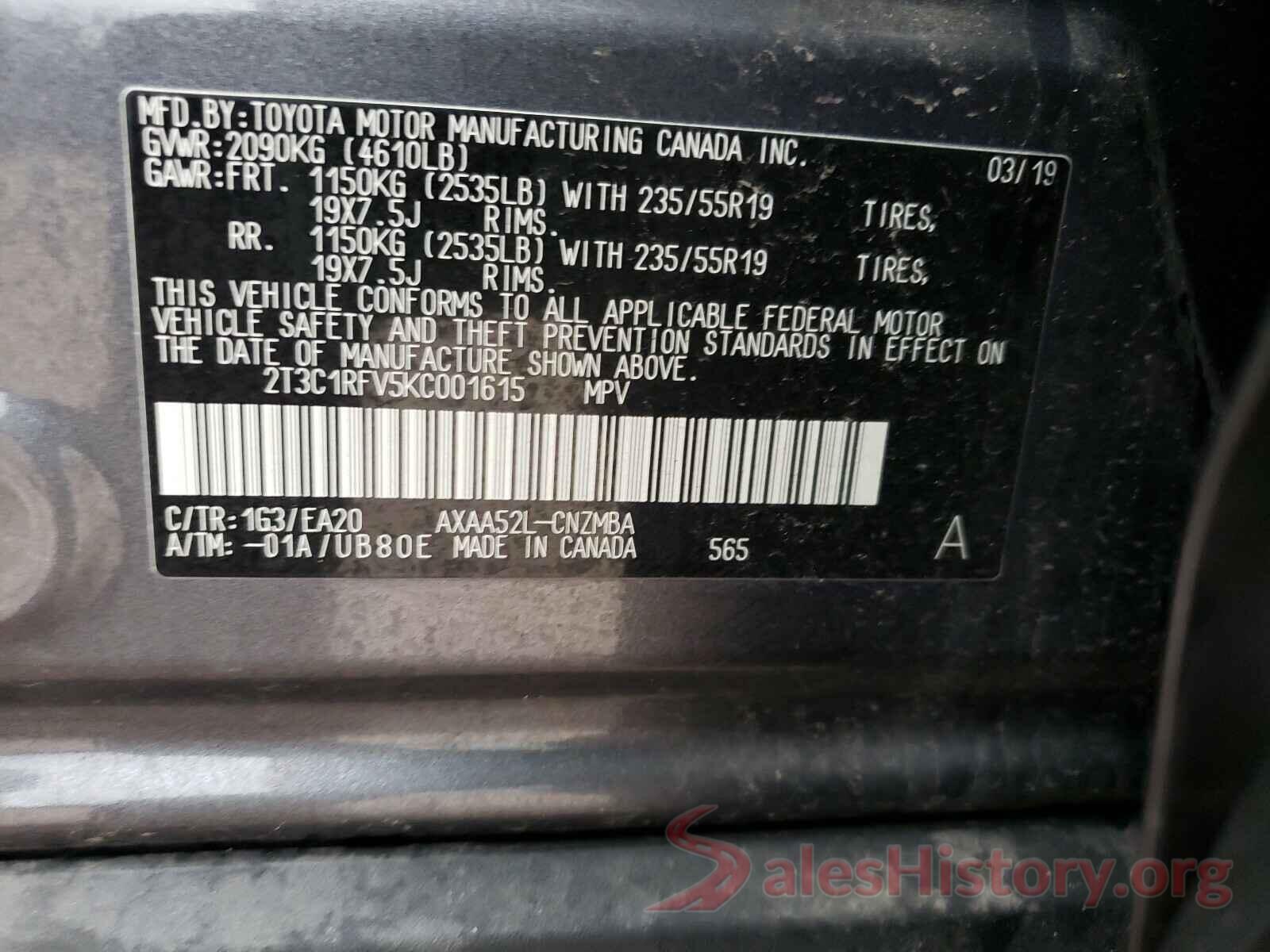 2T3C1RFV5KC001615 2019 TOYOTA RAV4