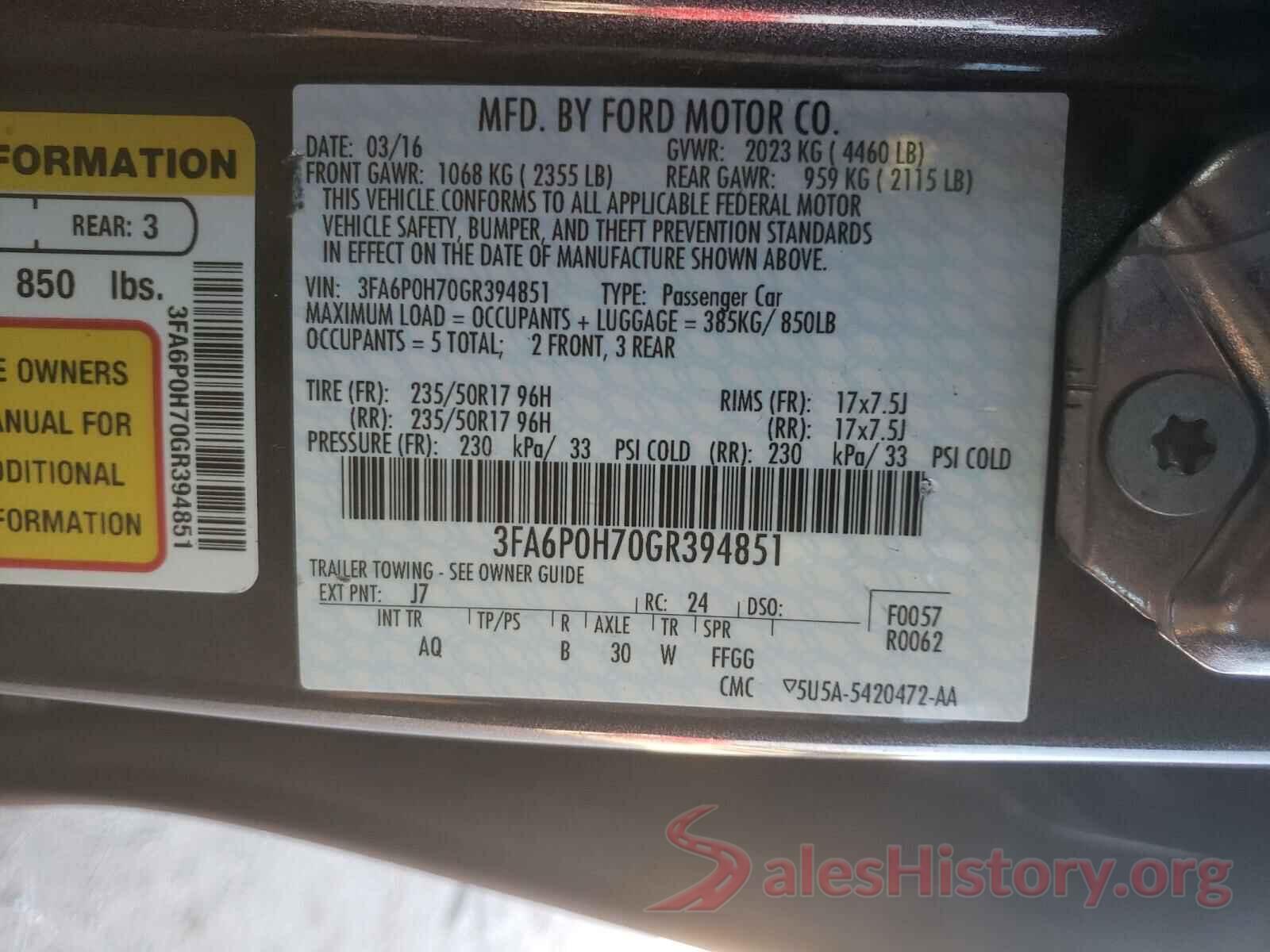 3FA6P0H70GR394851 2016 FORD FUSION