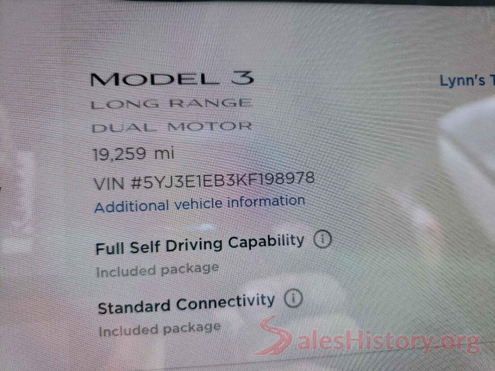 5YJ3E1EB3KF198978 2019 TESLA MODEL 3