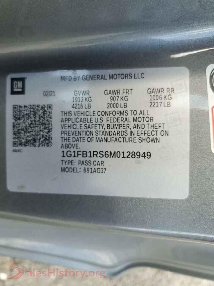 2021 CHEVROLET CAMARO VIN 1G1FB1RS6M0128949, odometer mileage