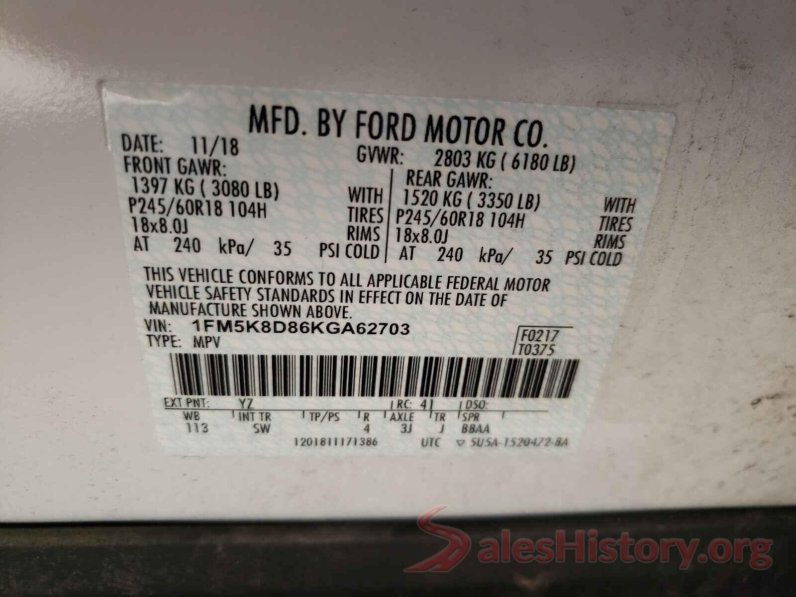 1FM5K8D86KGA62703 2019 FORD EXPLORER