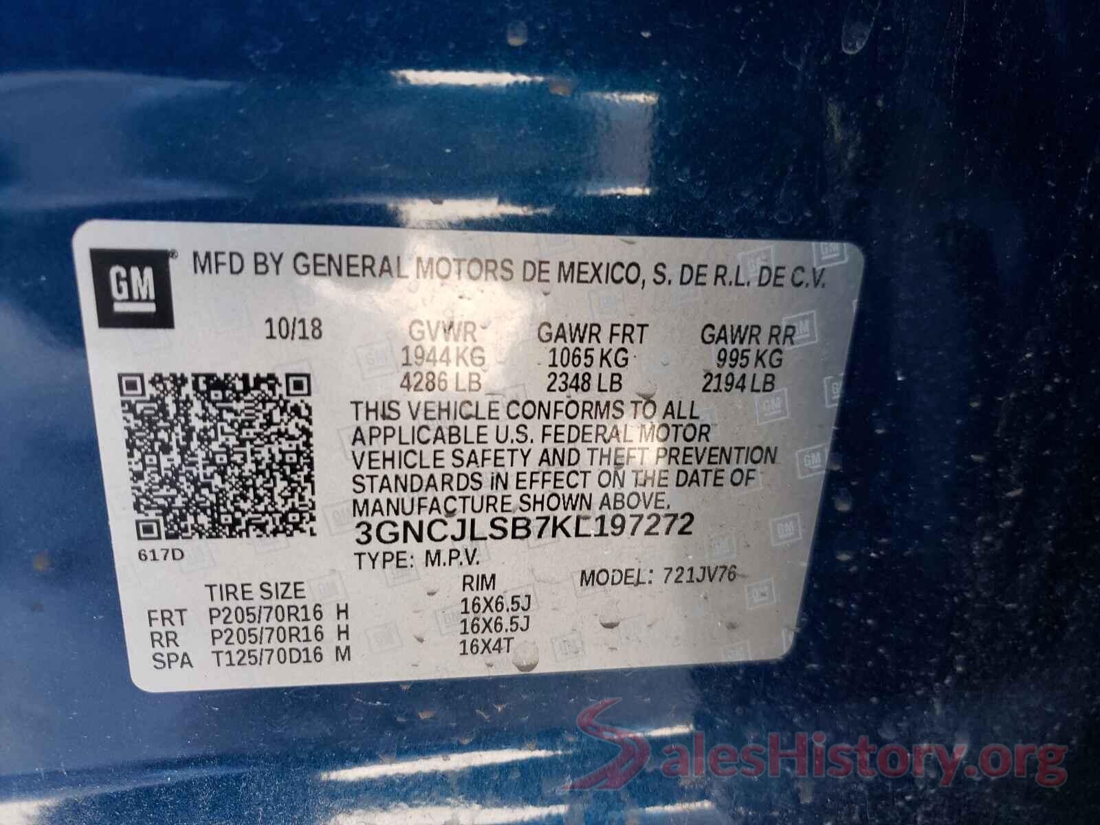 3GNCJLSB7KL197272 2019 CHEVROLET TRAX