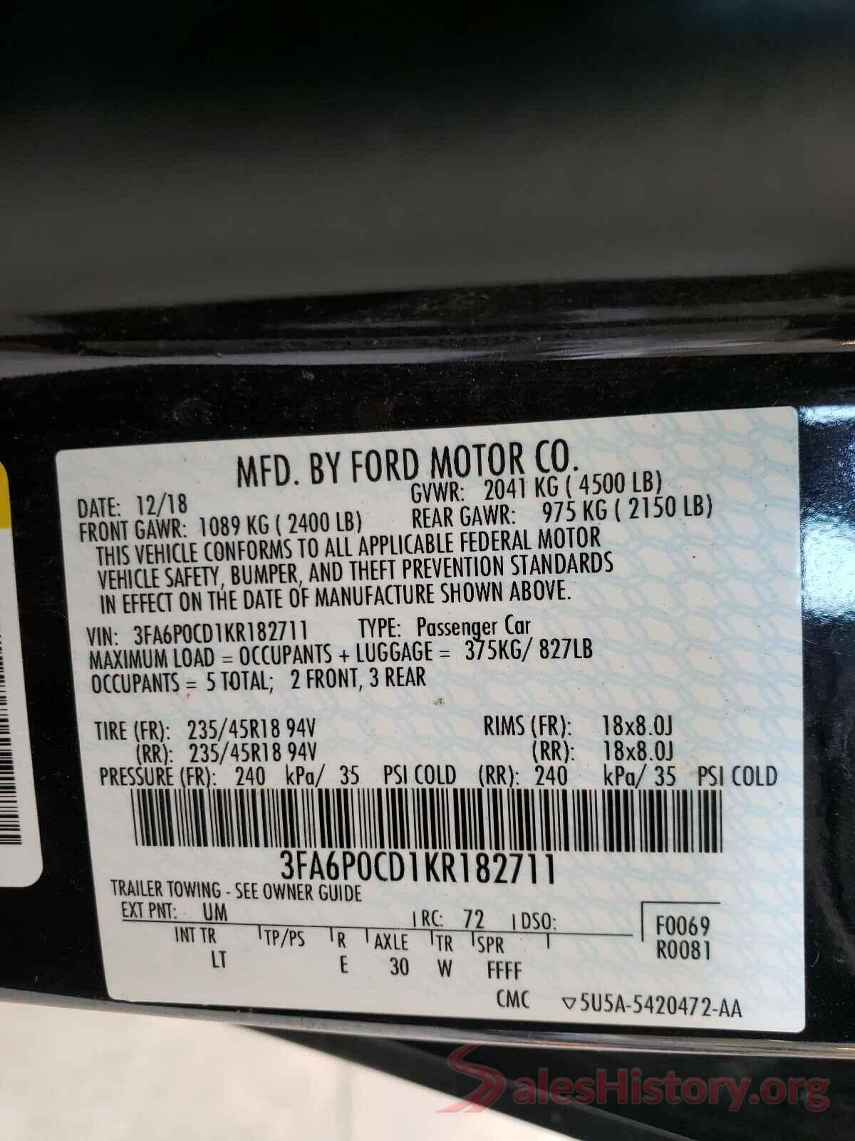 3FA6P0CD1KR182711 2019 FORD FUSION