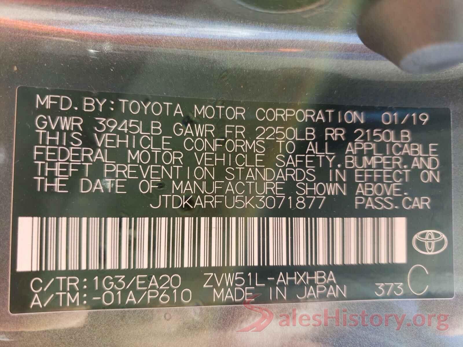 JTDKARFU5K3071877 2019 TOYOTA PRIUS