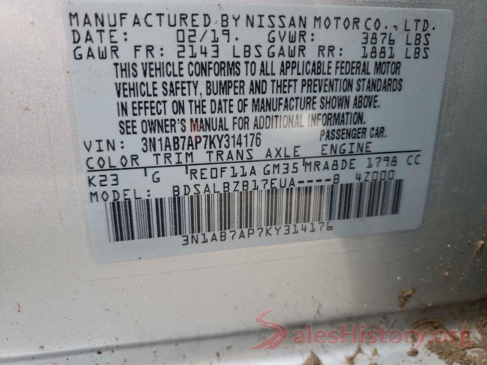 3N1AB7AP7KY314176 2019 NISSAN SENTRA