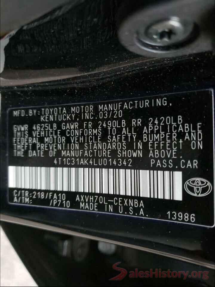 4T1C31AK4LU014342 2020 TOYOTA CAMRY