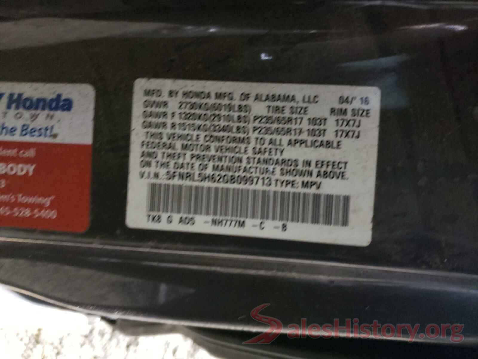 5FNRL5H62GB099713 2016 HONDA ODYSSEY