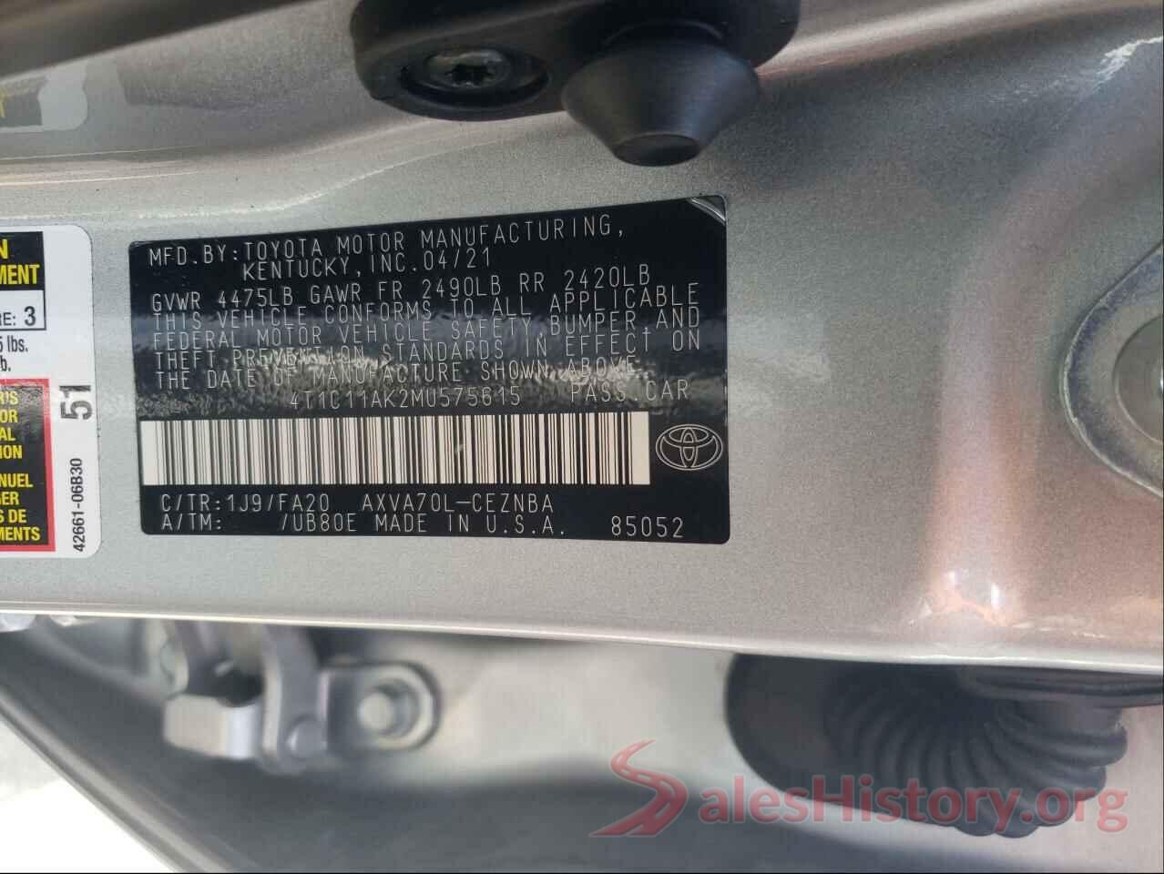 4T1C11AK2MU575615 2021 TOYOTA CAMRY