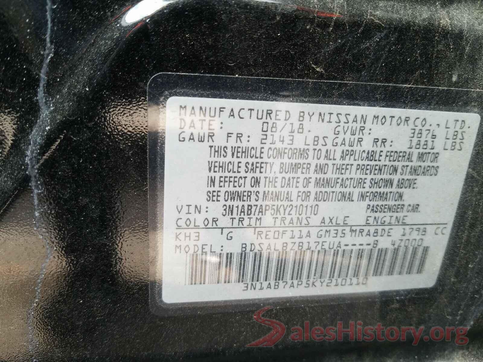 3N1AB7AP5KY210110 2019 NISSAN SENTRA