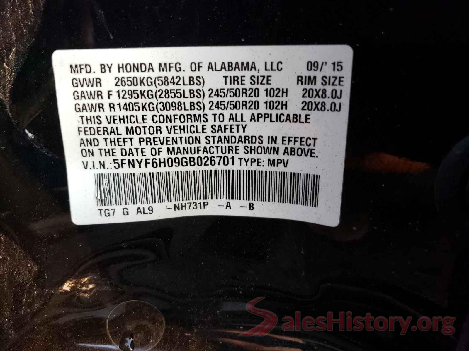 5FNYF6H09GB026701 2016 HONDA PILOT