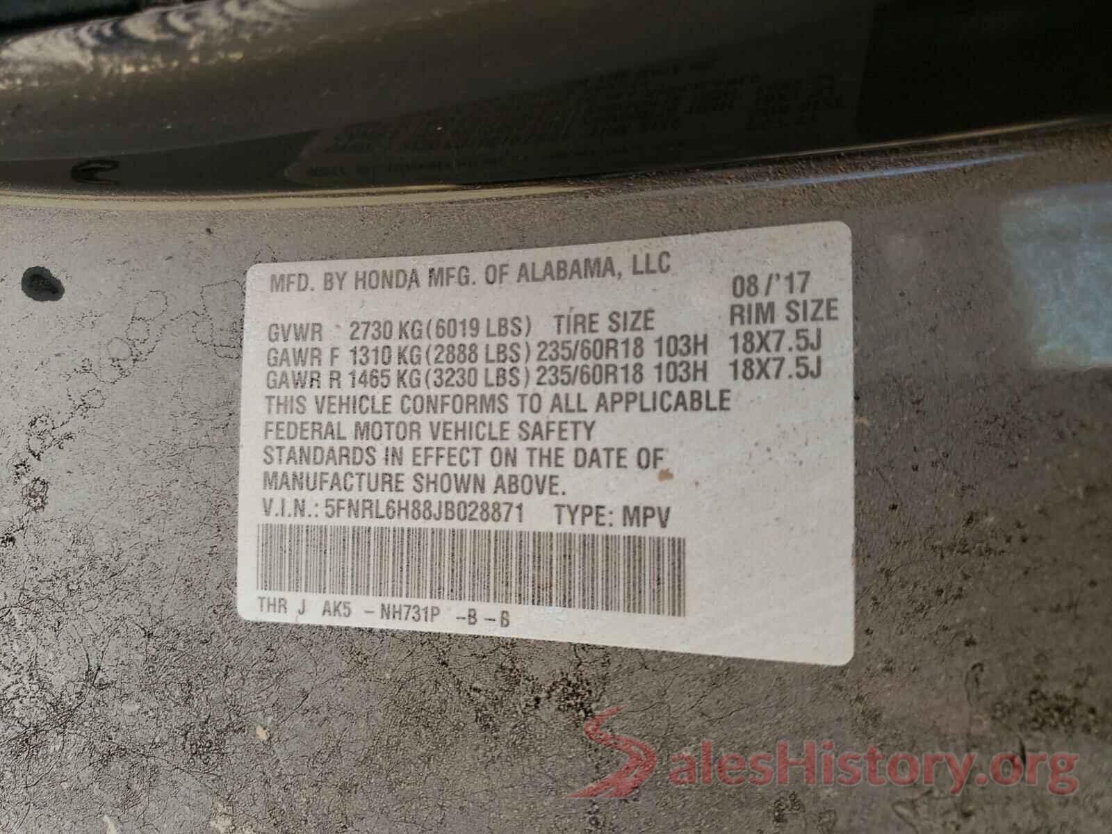 5FNRL6H88JB028871 2018 HONDA ODYSSEY