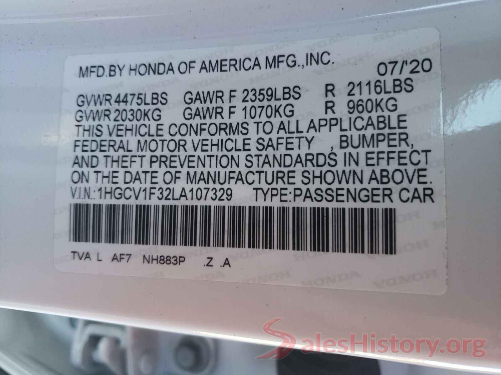 1HGCV1F32LA107329 2020 HONDA ACCORD