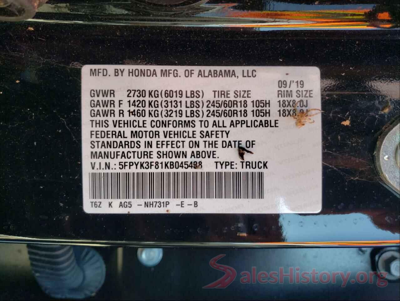 5FPYK3F81KB045438 2019 HONDA RIDGELINE