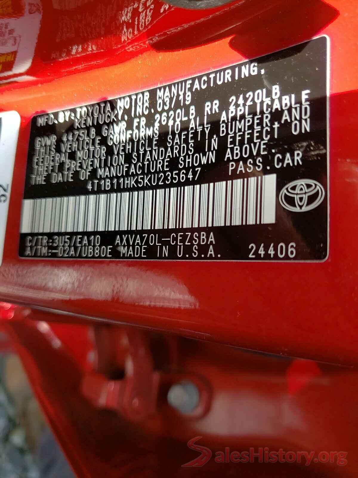 4T1B11HK5KU235647 2019 TOYOTA CAMRY