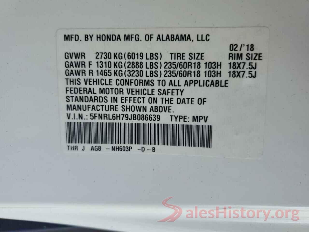 5FNRL6H79JB086639 2018 HONDA ODYSSEY