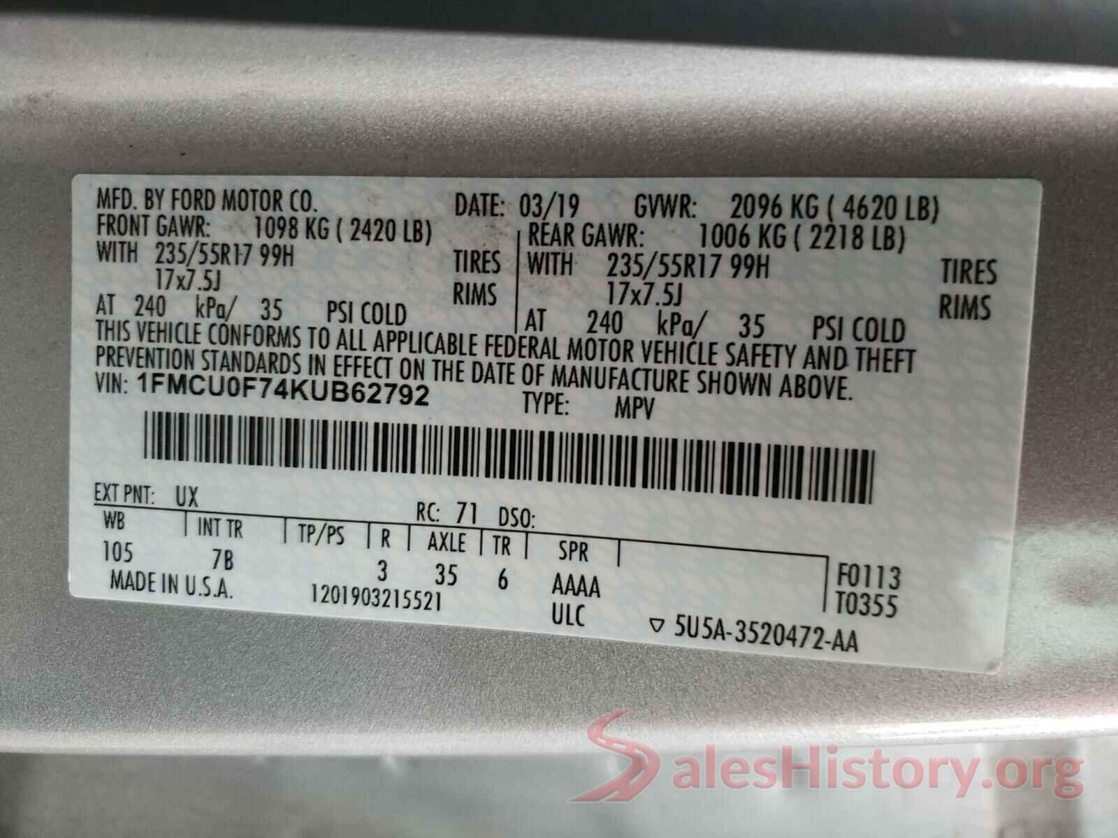 1FMCU0F74KUB62792 2019 FORD ESCAPE