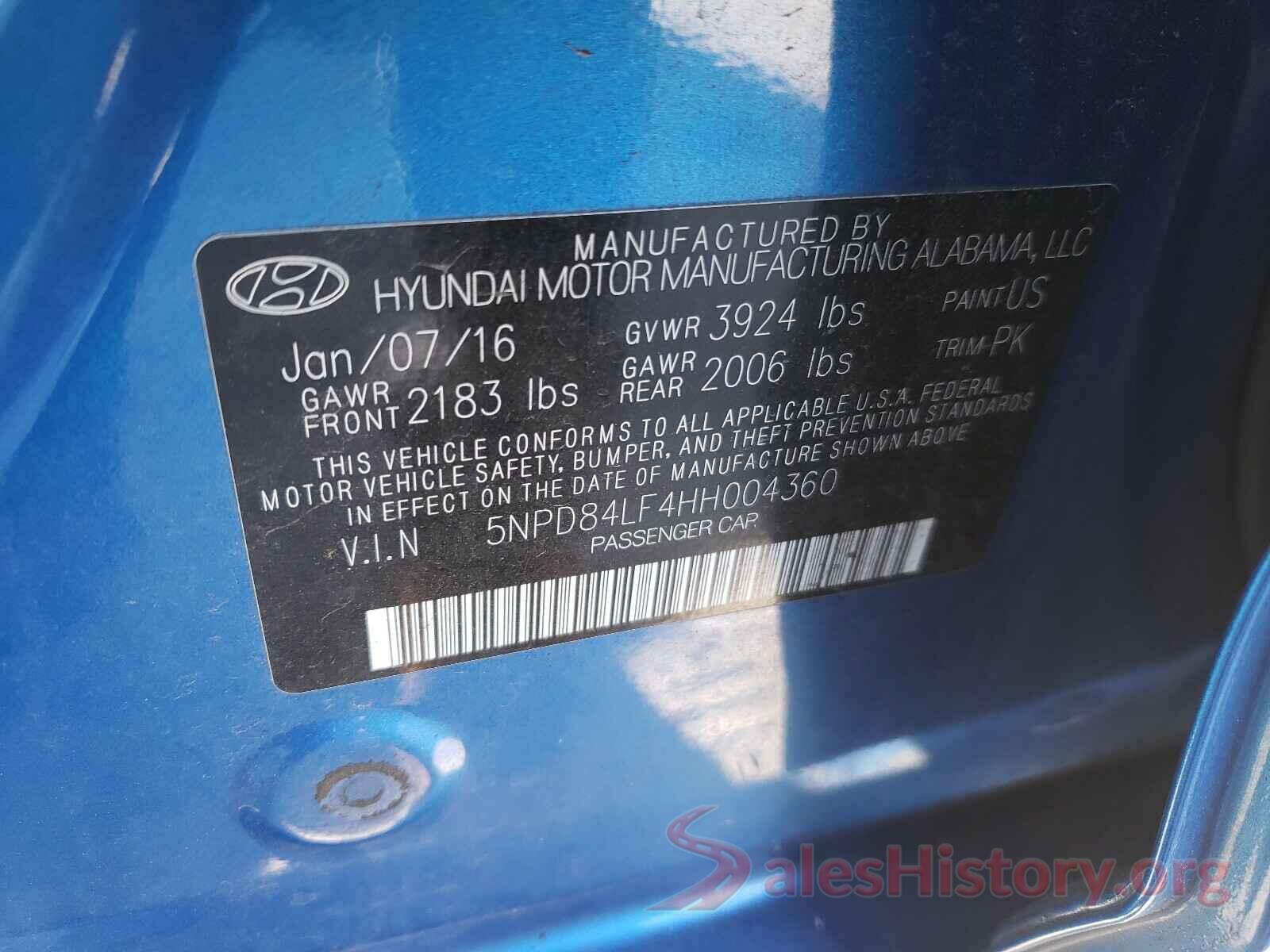 5NPD84LF4HH004360 2017 HYUNDAI ELANTRA