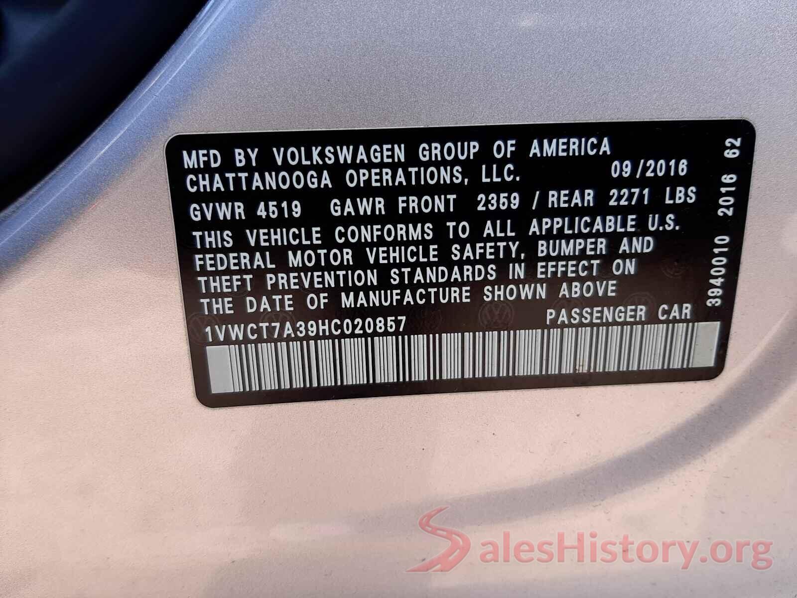 1VWCT7A39HC020857 2017 VOLKSWAGEN PASSAT