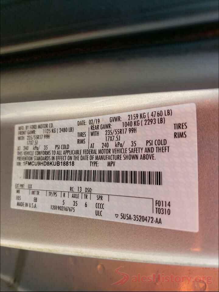 1FMCU9HD8KUB18818 2019 FORD ESCAPE