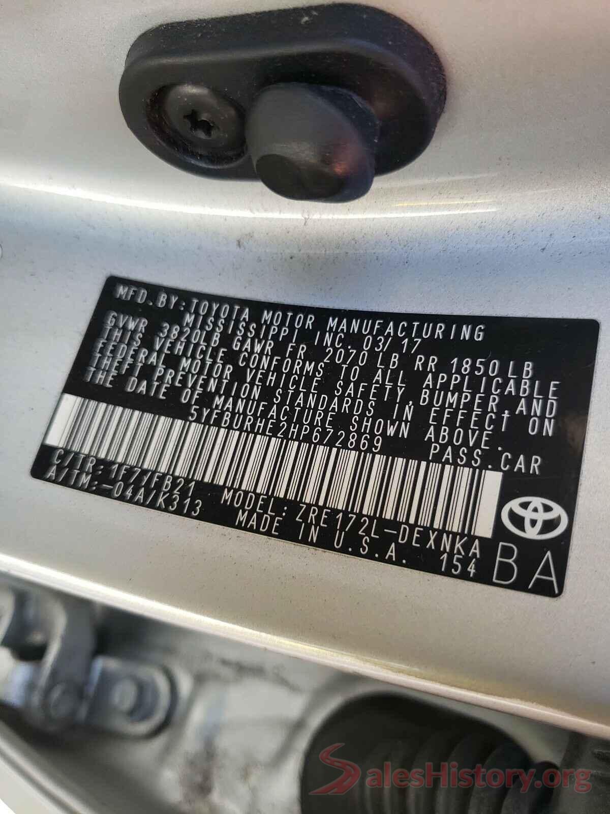 5YFBURHE2HP672869 2017 TOYOTA COROLLA