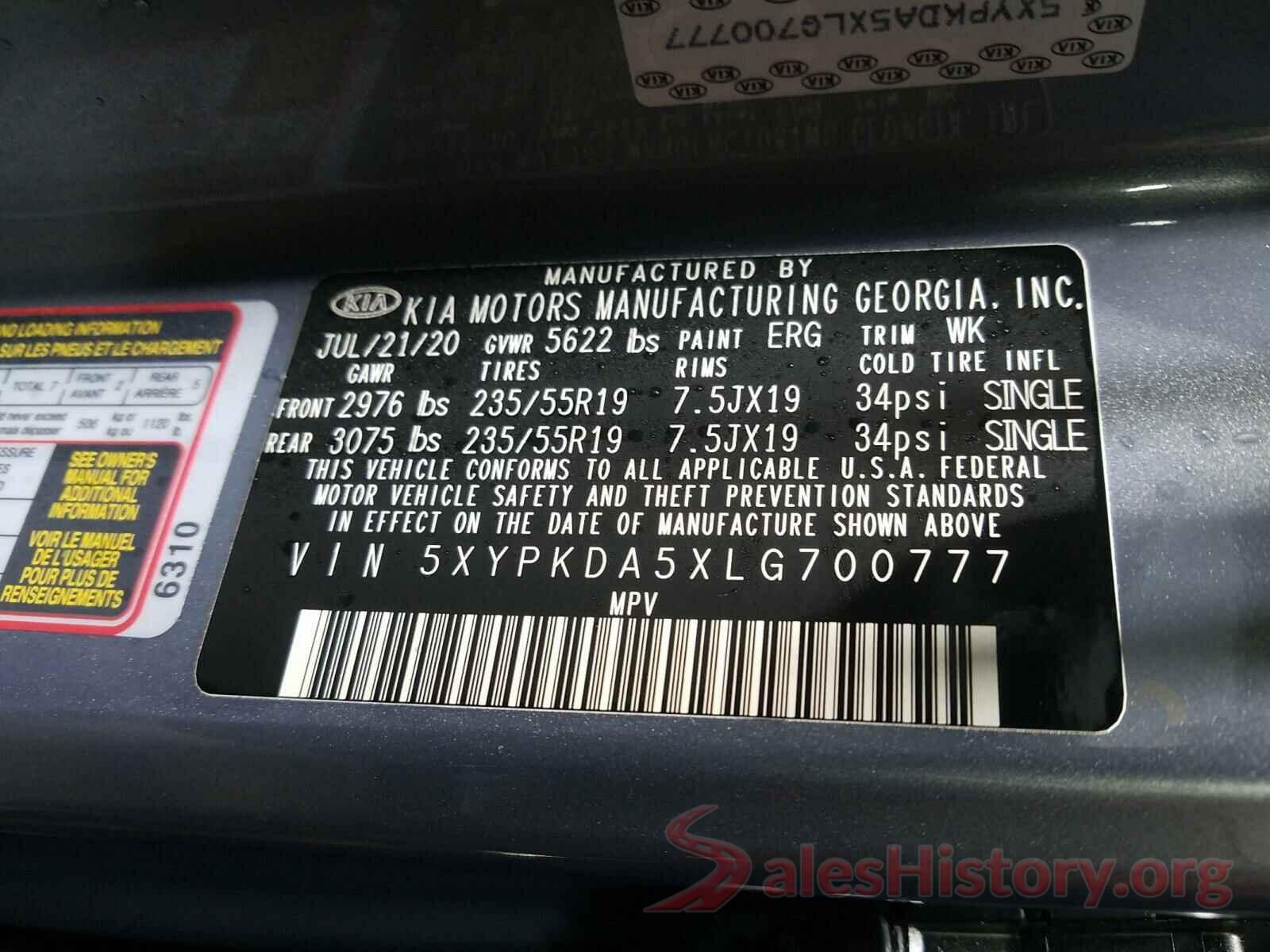 5XYPKDA5XLG700777 2020 KIA SORENTO