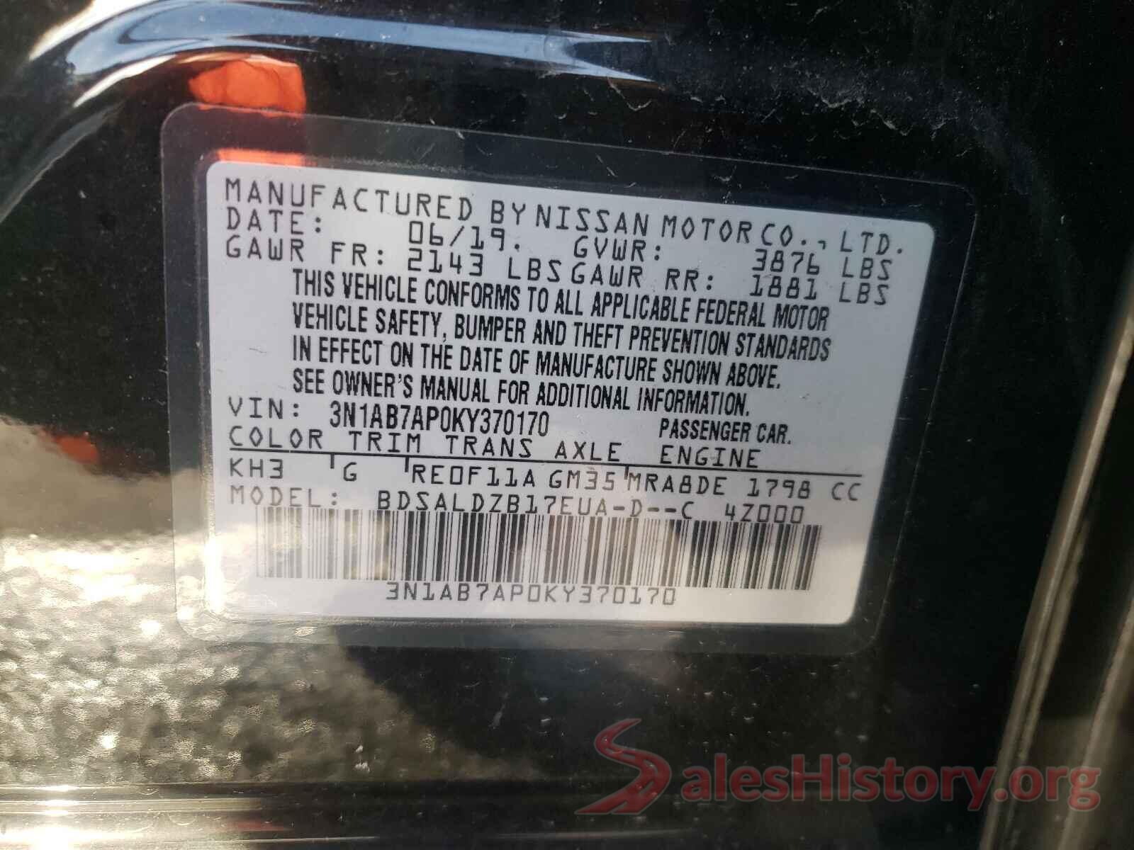 3N1AB7AP0KY370170 2019 NISSAN SENTRA