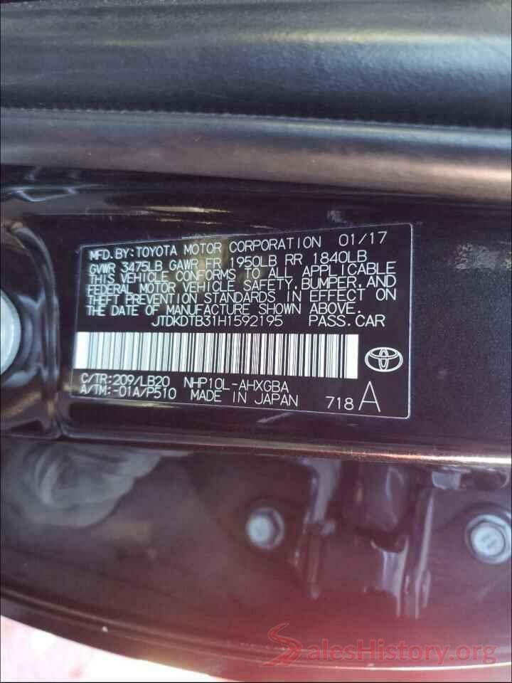 JTDKDTB31H1592195 2017 TOYOTA PRIUS