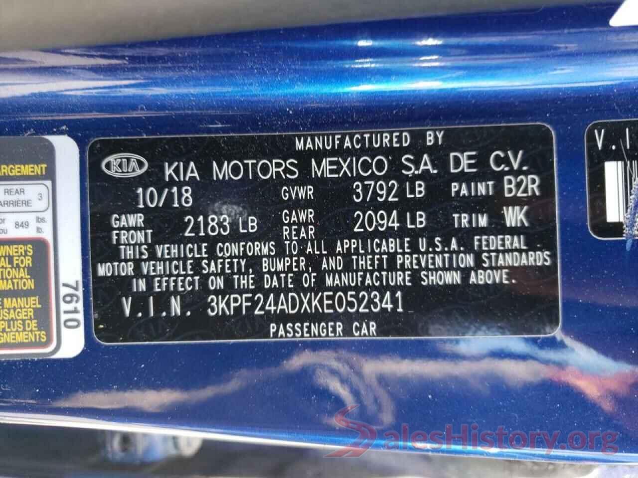 3KPF24ADXKE052341 2019 KIA FORTE