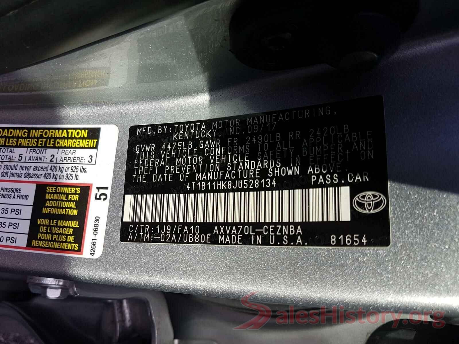 4T1B11HK8JU528134 2018 TOYOTA CAMRY