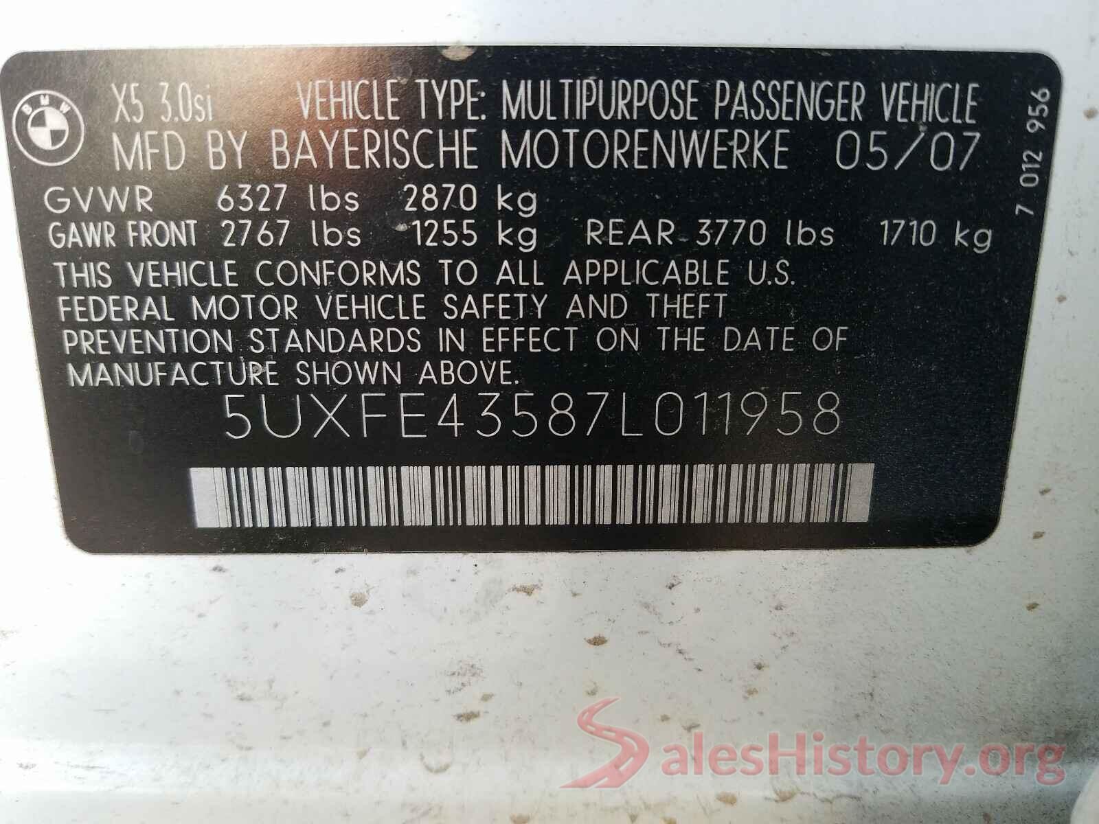 5UXFE43587L011958 2007 BMW X5