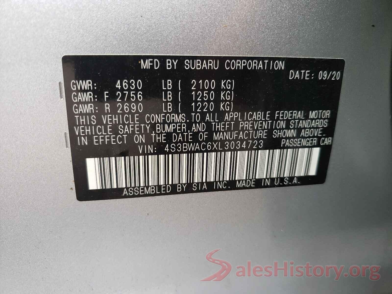 4S3BWAC6XL3034723 2020 SUBARU LEGACY