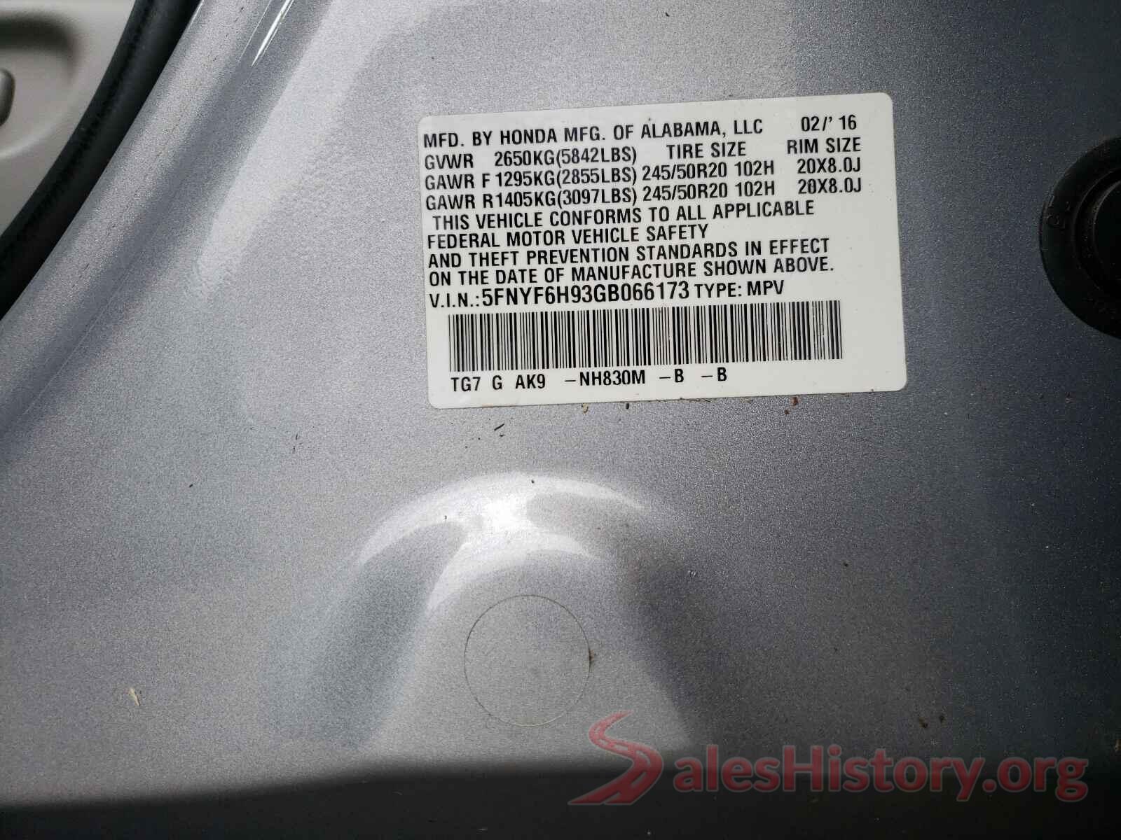 5FNYF6H93GB066173 2016 HONDA PILOT