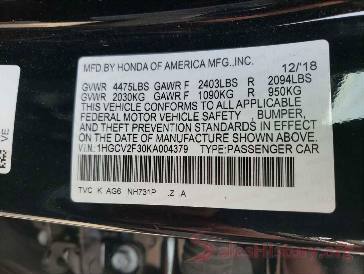 1HGCV2F30KA004379 2019 HONDA ACCORD