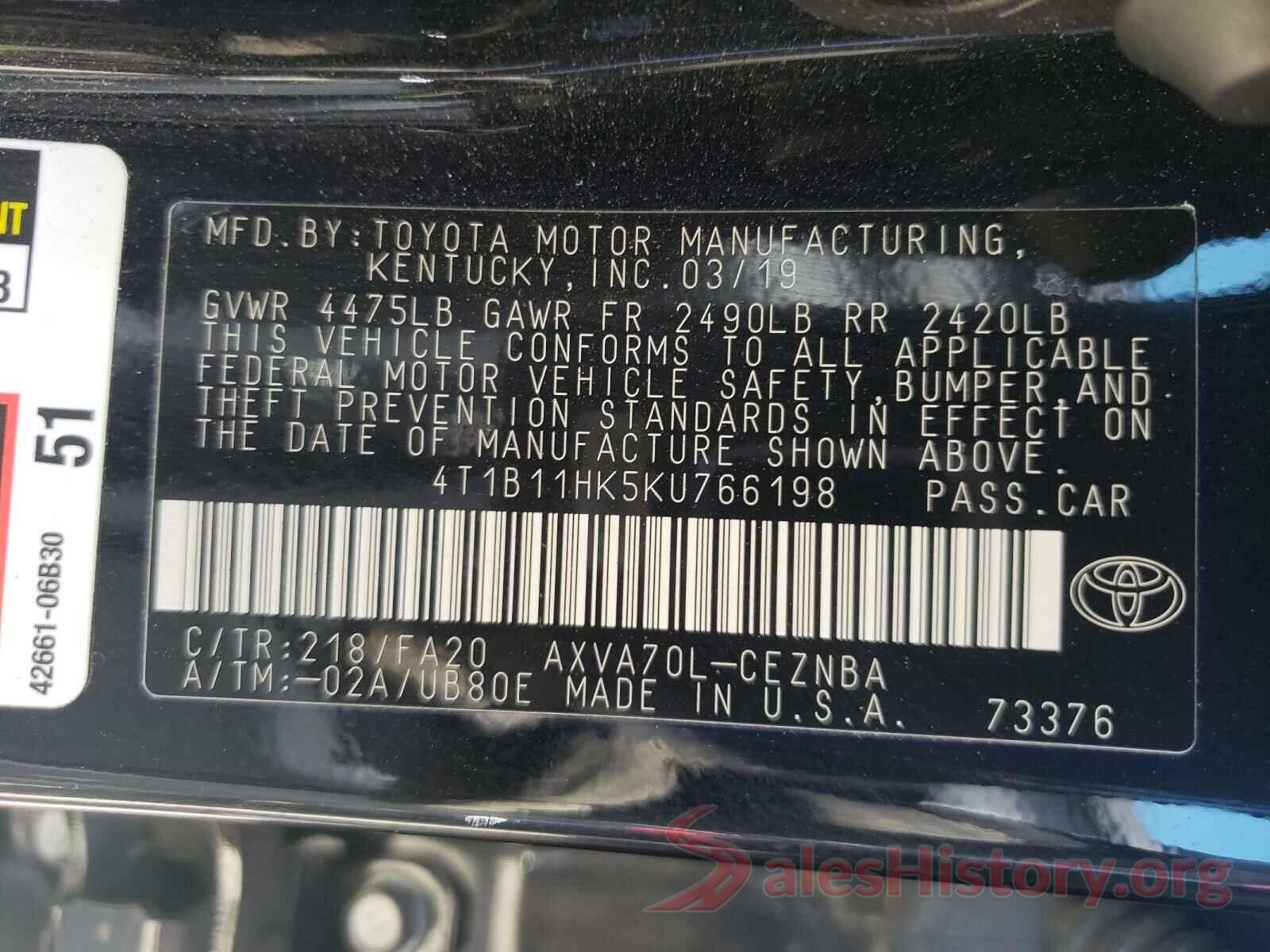 4T1B11HK5KU766198 2019 TOYOTA CAMRY