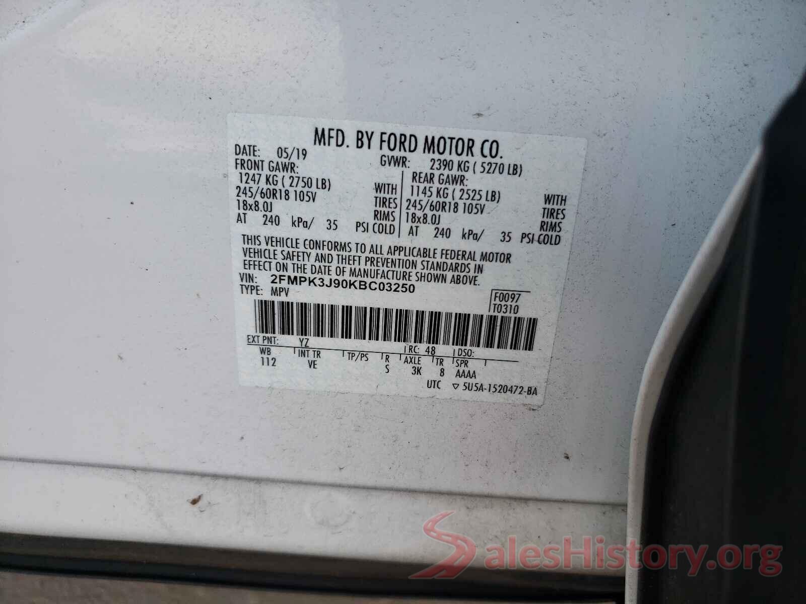 2FMPK3J90KBC03250 2019 FORD EDGE