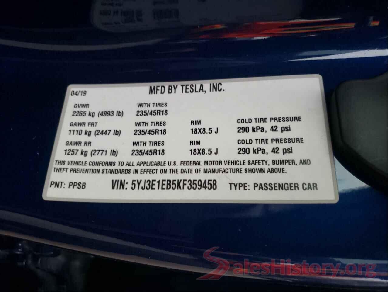 5YJ3E1EB5KF359458 2019 TESLA MODEL 3