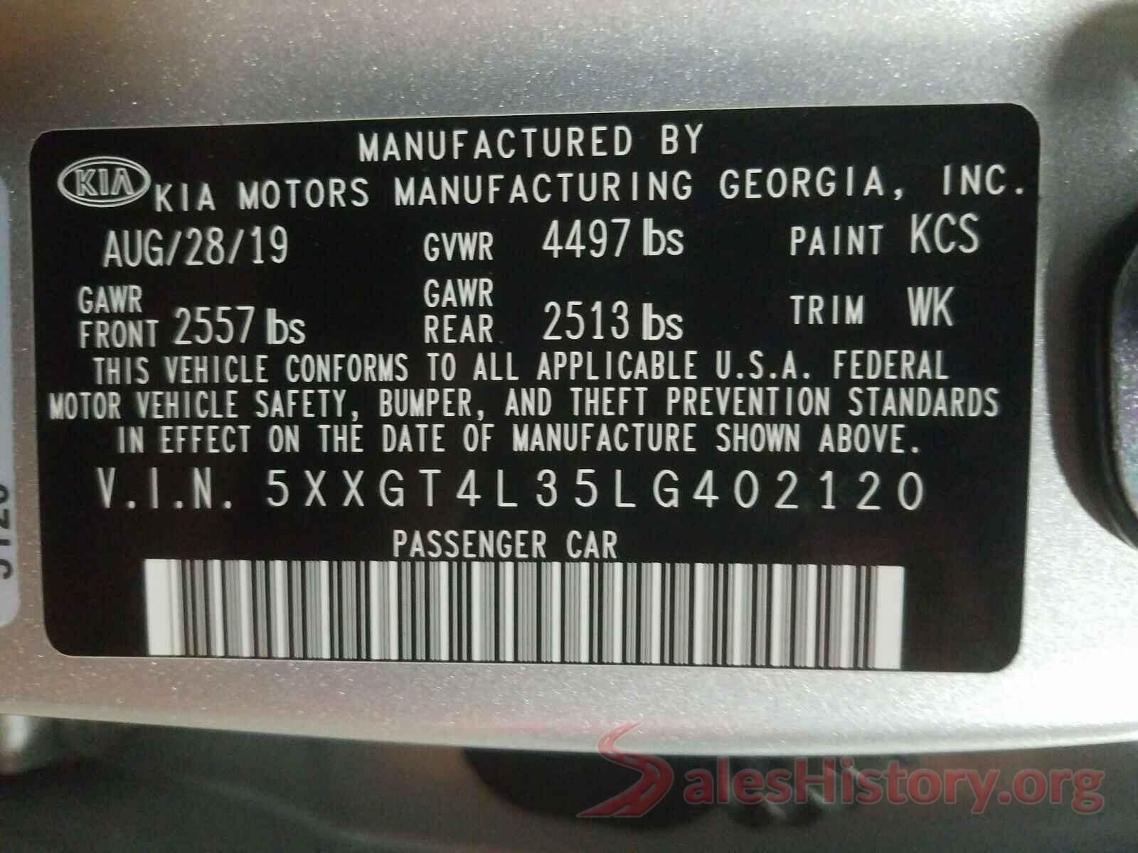 5XXGT4L35LG402120 2020 KIA OPTIMA