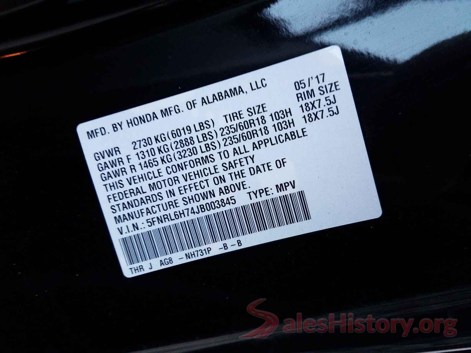 5FNRL6H74JB003845 2018 HONDA ODYSSEY