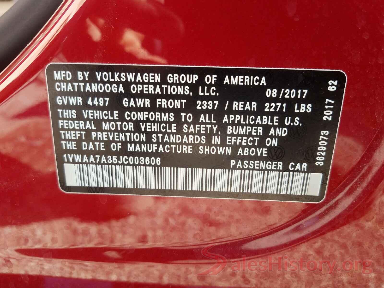 1VWAA7A35JC003606 2018 VOLKSWAGEN PASSAT