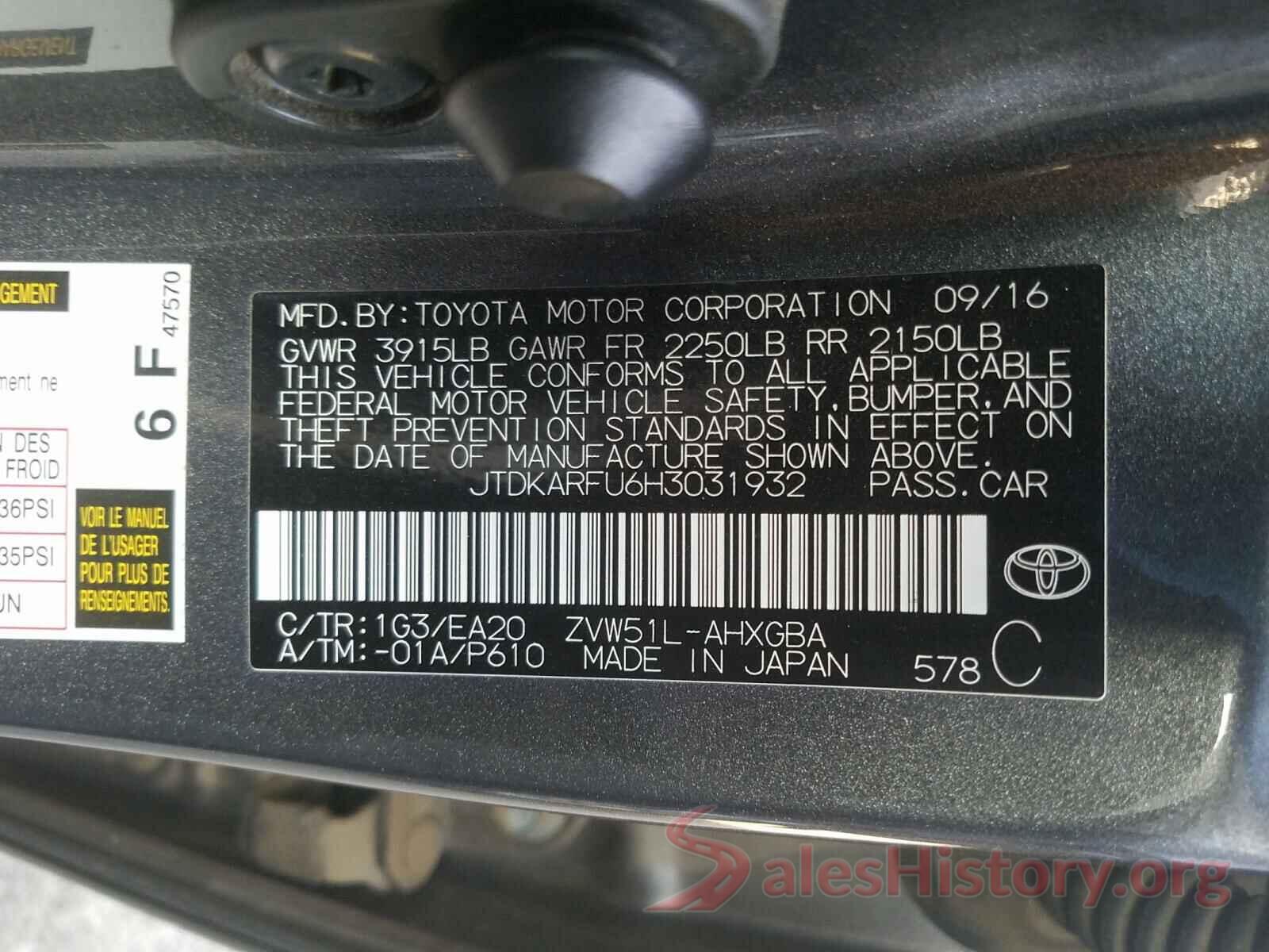 JTDKARFU6H3031932 2017 TOYOTA PRIUS