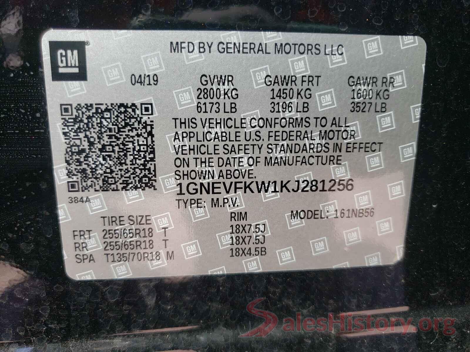 1GNEVFKW1KJ281256 2019 CHEVROLET TRAVERSE