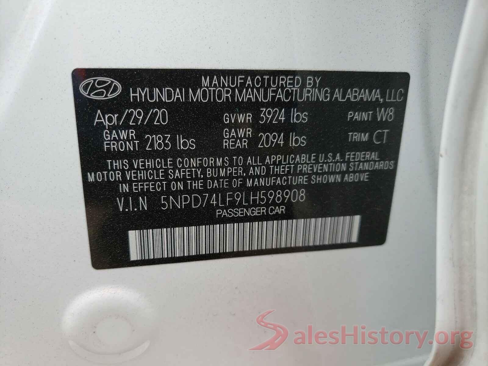 5NPD74LF9LH598908 2020 HYUNDAI ELANTRA