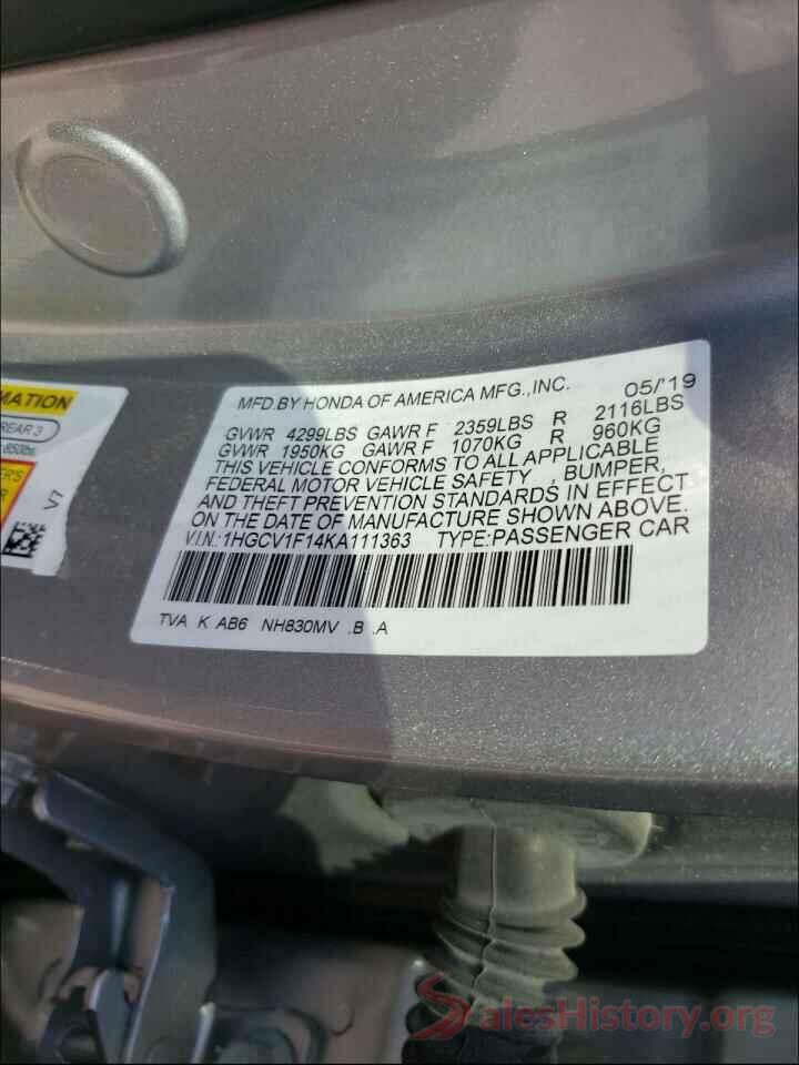 1HGCV1F14KA111363 2019 HONDA ACCORD