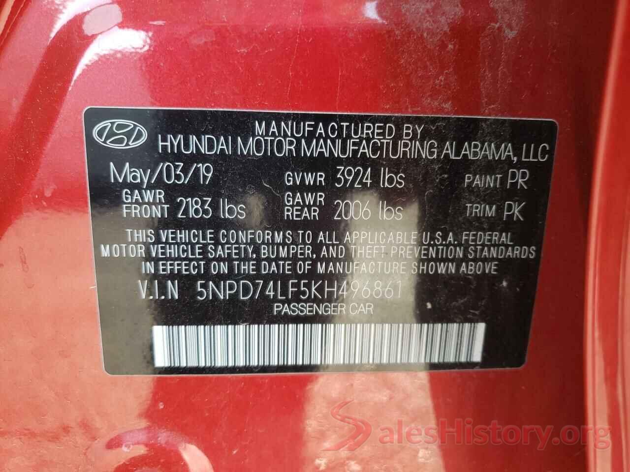 5NPD74LF5KH496861 2019 HYUNDAI ELANTRA