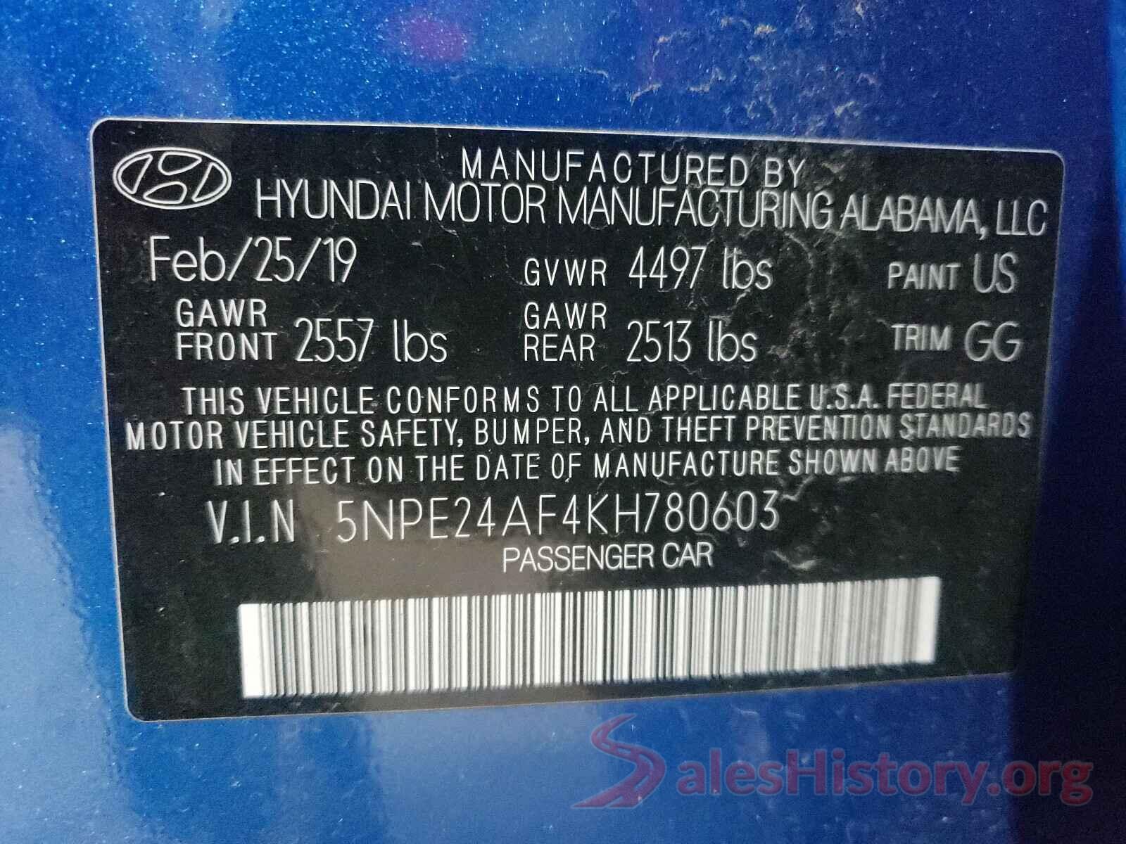 5NPE24AF4KH780603 2019 HYUNDAI SONATA