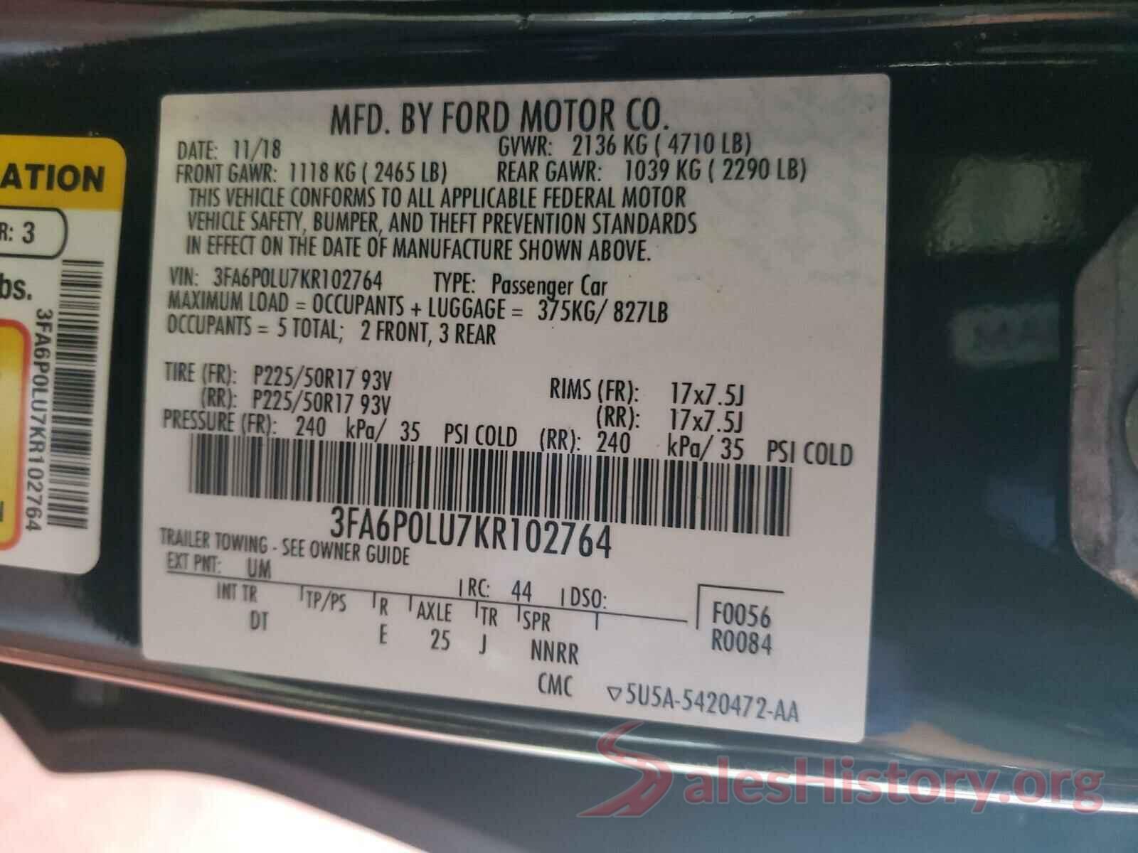 3FA6P0LU7KR102764 2019 FORD FUSION